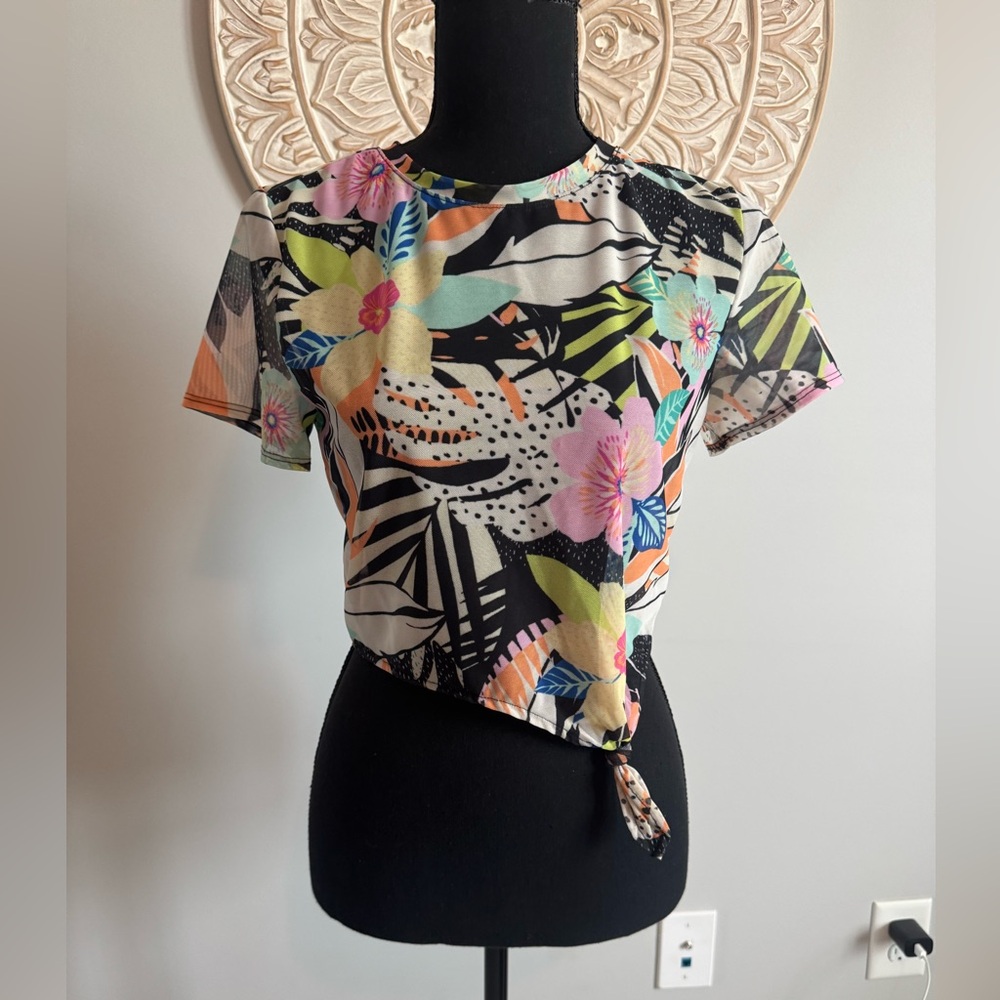 New size medium Floral Print mesh Women's Top/swim cover up- brand new
